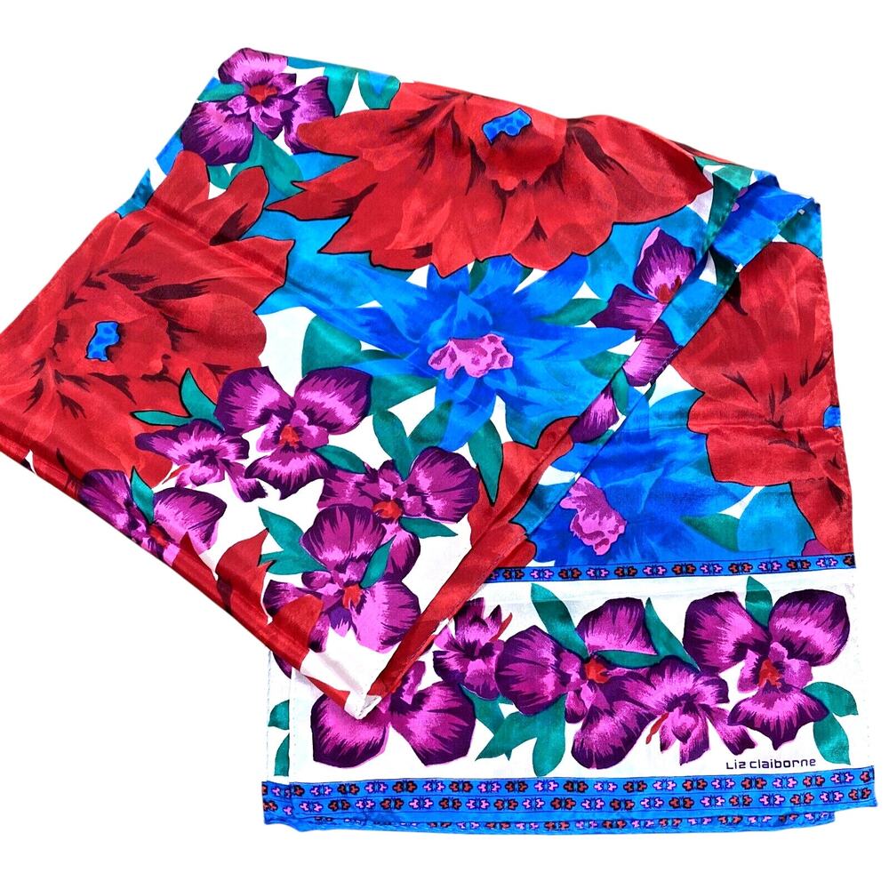 Vintage Liz Claiborne Silk Scarf Long Rectangle Gem Tones Floral Tropical Print